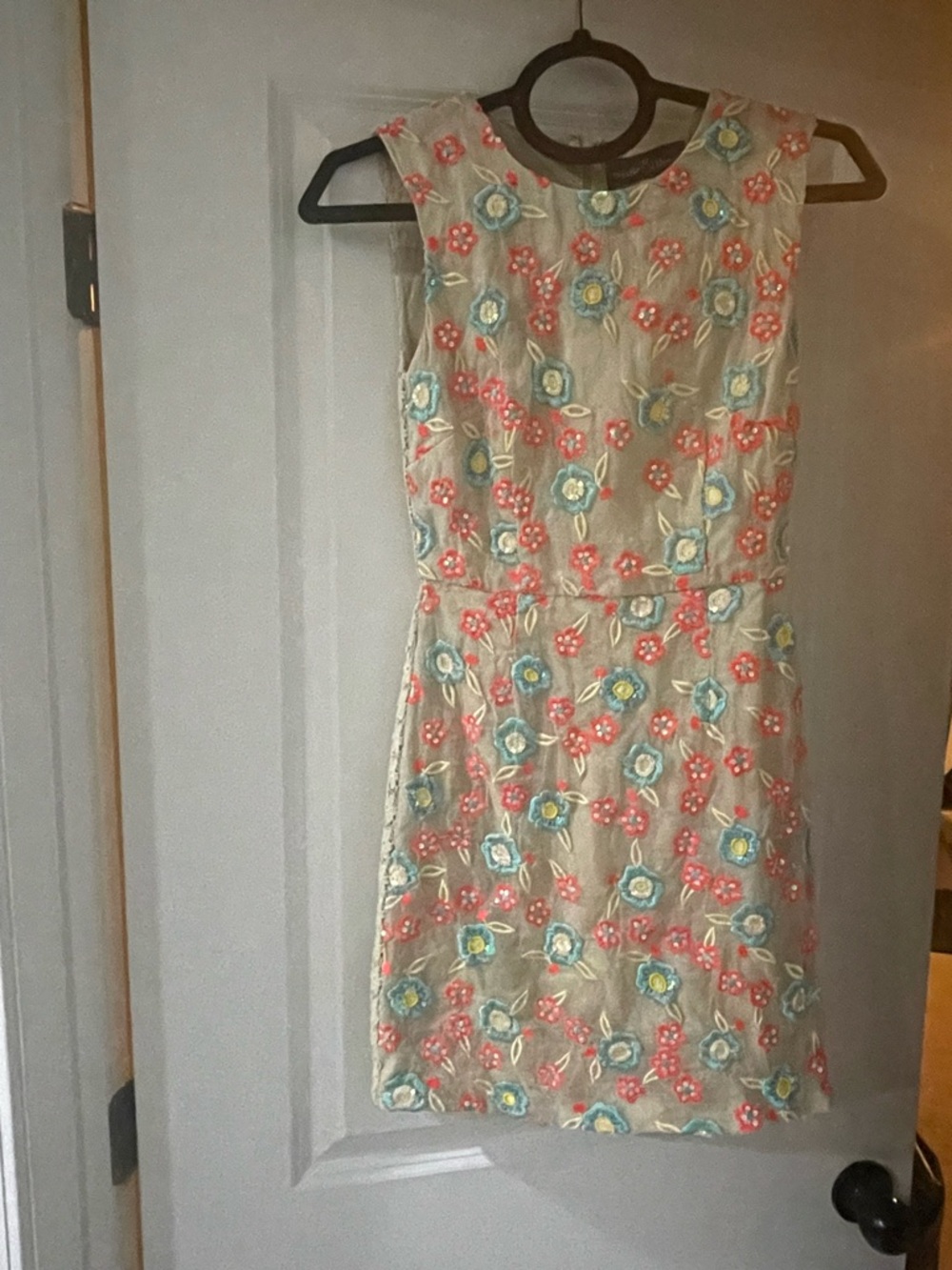 Needle & Thread Cream Mini Dress with Coral and Aqua Floral Embroidery